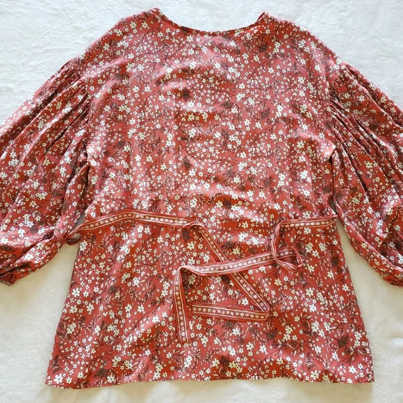 MAX STUDIO Pouffy 3/4 Sleeve Empire Tie Waist Earth Tone Blouse--NWT--L - Picture 4 of 11